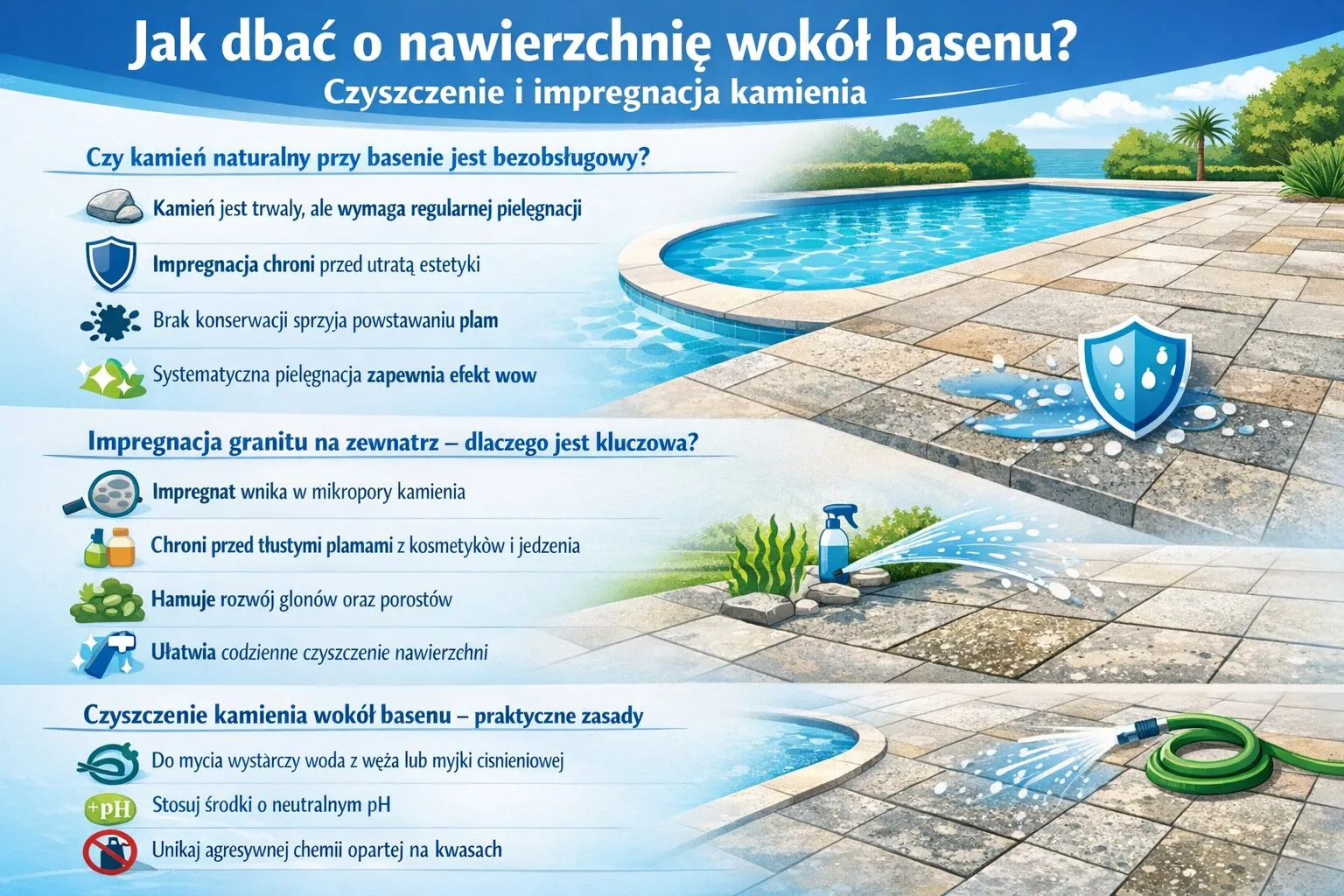 Jak dbać o nawierzchnię wokół basenu? Czyszczenie i impregnacja kamienia