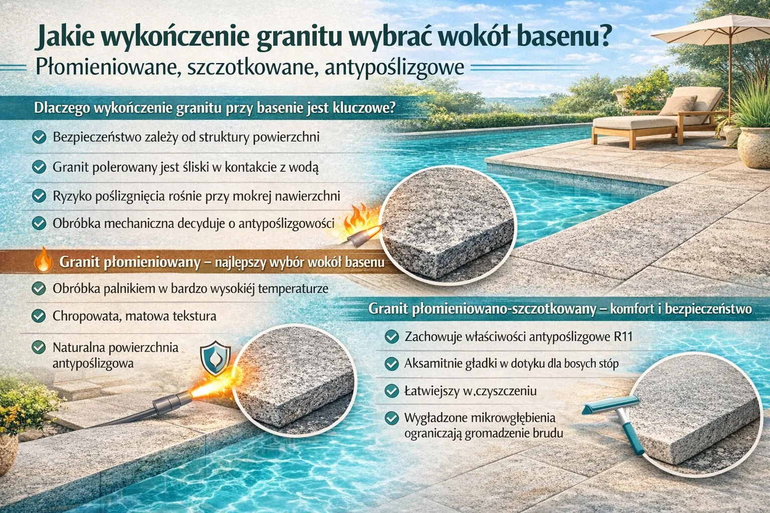 Jakie wykończenie granitu wybrać wokół basenu? Płomieniowane, szczotkowane, antypoślizgowe